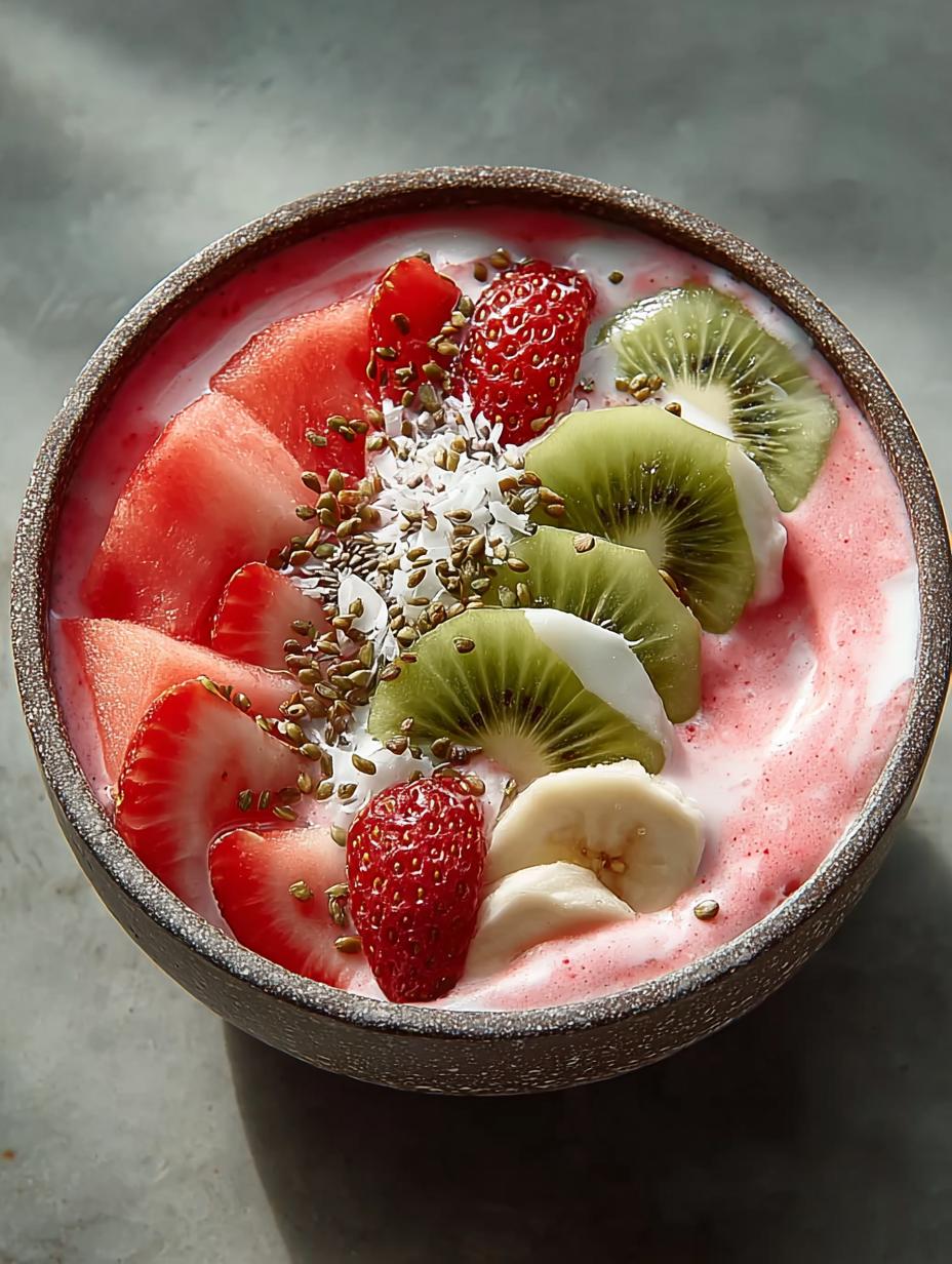Irresistible Watermelon Smoothie Bowl topped with fresh fruits and granola