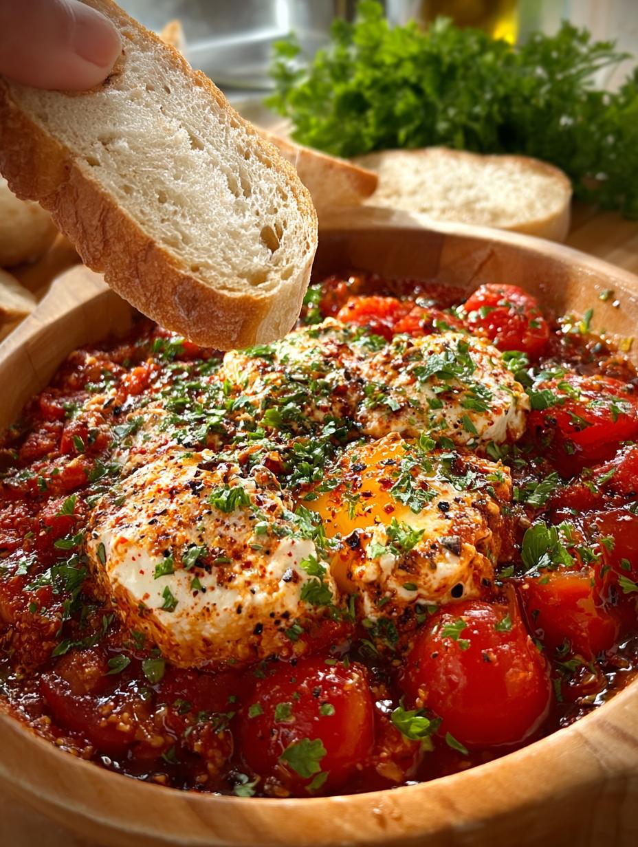 Delicious Greek Shakshuka served with pita bread
