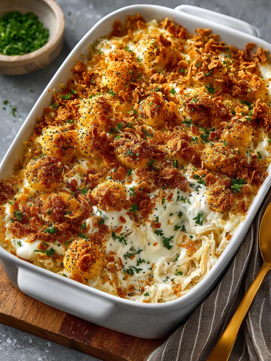 Poppy Seed Chicken casserole fresh from the oven, topped with a crunchy cracker crust