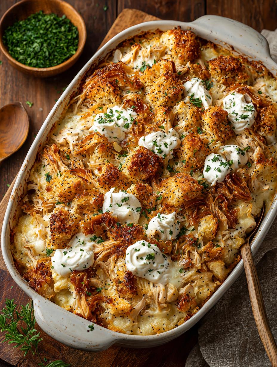 Delicious serving of Poppy Seed Chicken with a side of rice and vegetables