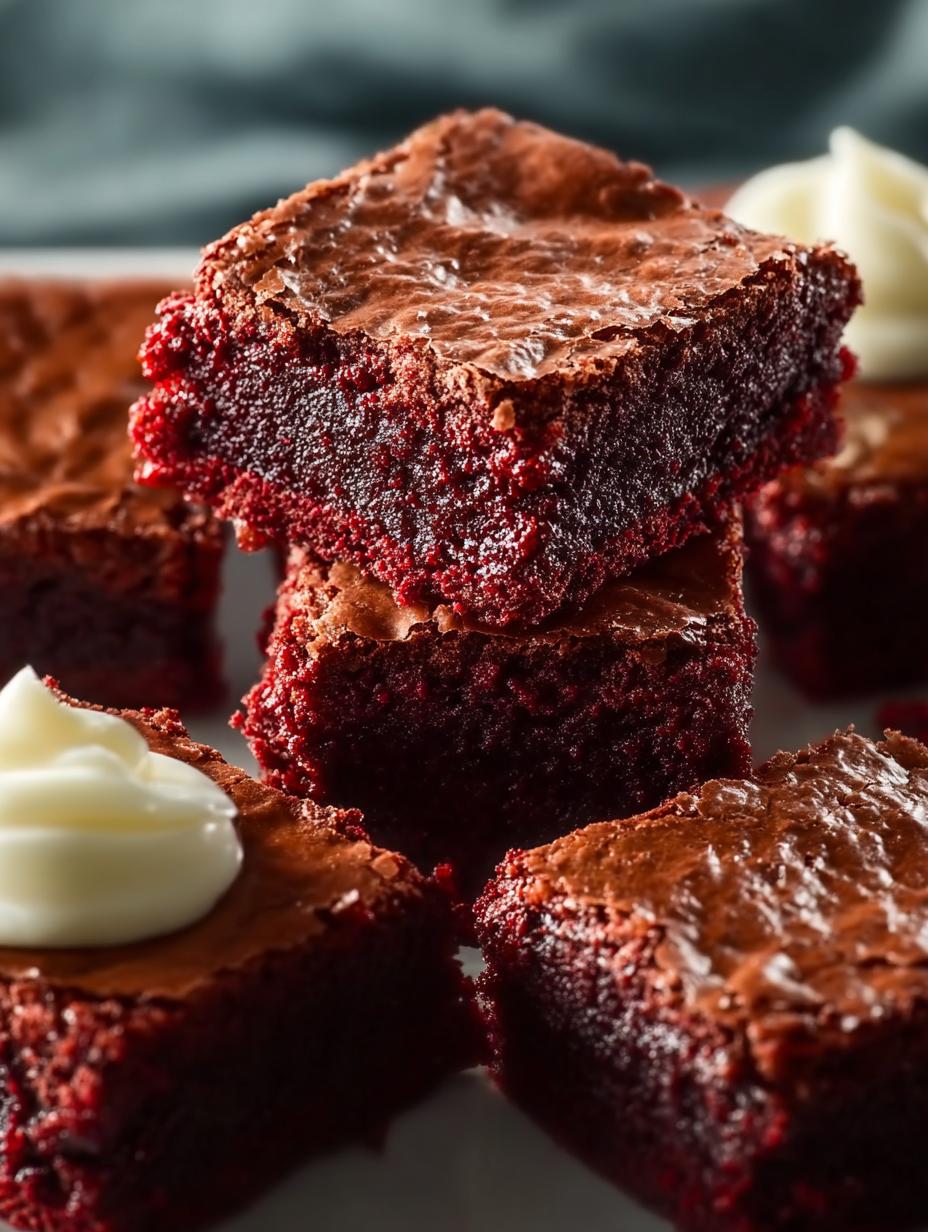 Irresistible Red Velvet Brownies with Cream Cheese served on a plate